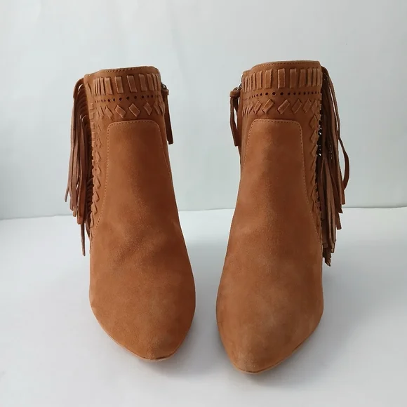 Rebecca Minkoff Illan Tan Suede Fringed Ankle Boots Size 9 Almond Toe Bohemian - Picture 3 of 12